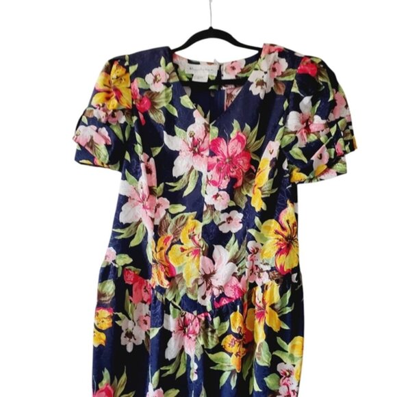 Vintage Floral 80s Shoulder Pad Feminine Cottage Retro Midi Dress 14 - Picture 3 of 7